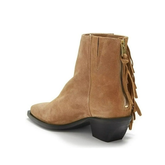 All Saints NEW Layla Cognac Sand Suede Fringe Zip Heel Ankle Booties Size 7 - Picture 3 of 12